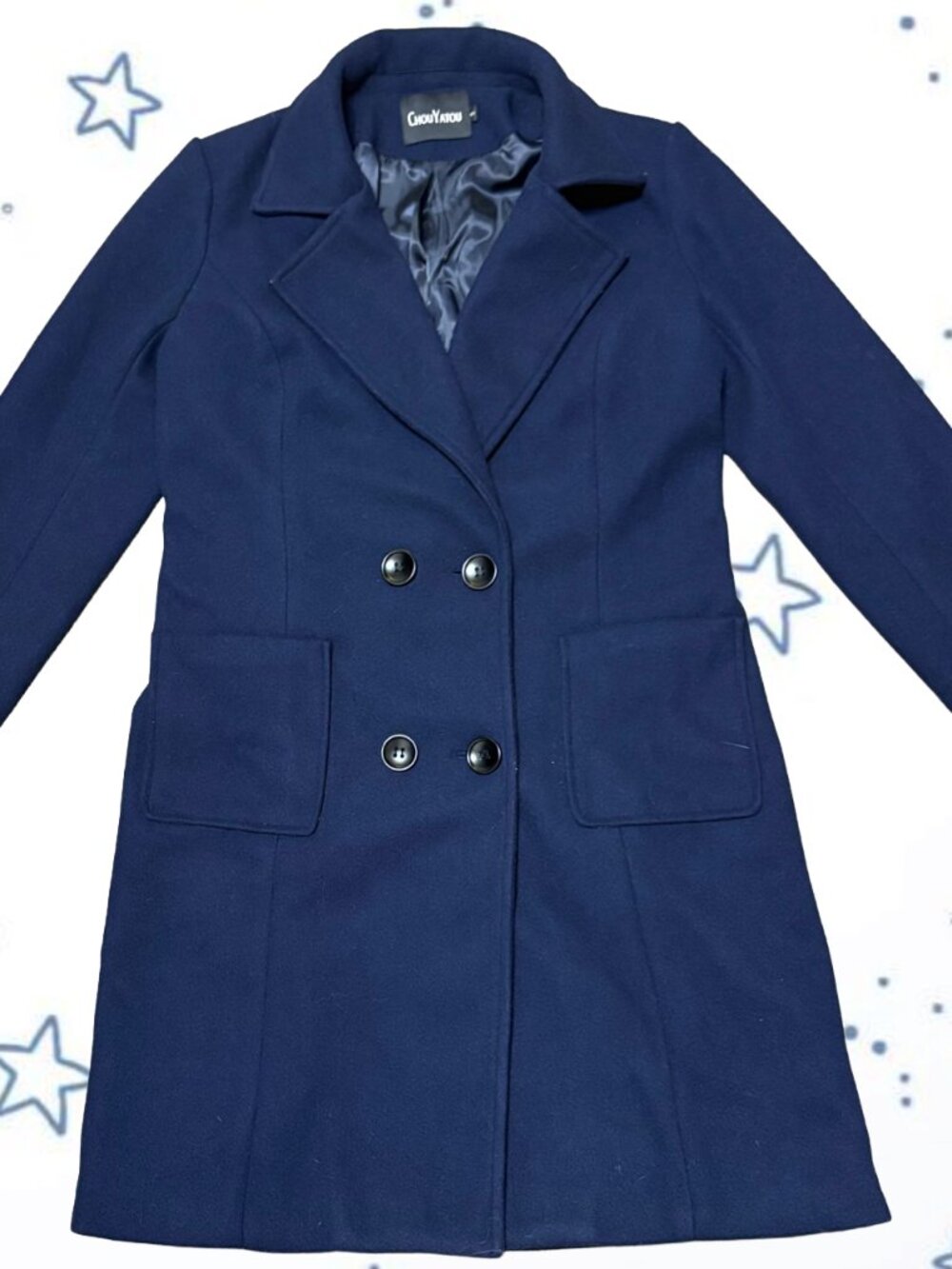 ChouYatou Navy Blue Double Breasted Wool Blend Peacoat